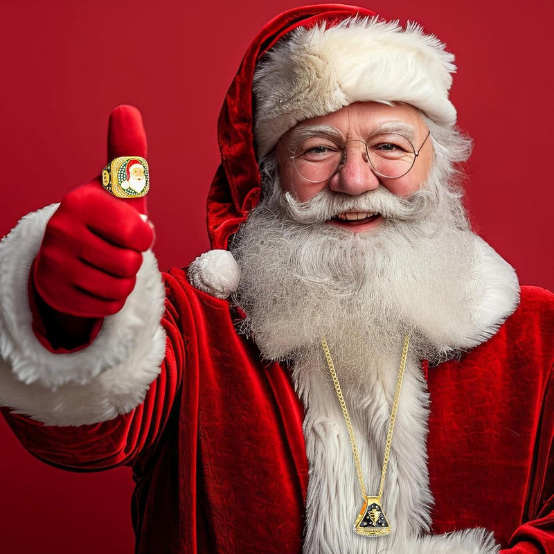 Highergo 3 Pcs Santa Claus Championship Trophy Rings Santa Award 1st, 2nd, 3rd Place Holiday Competition Prize with Display Neck Chain and Stand for Xmas Christmas Party Competition Gift - Image 3